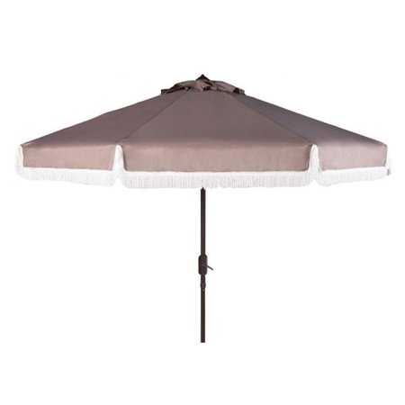 SAFAVIEH 9 ft. Milan Fringe Crank Outdoor Push Button Tilt Umbrella, Grey and White PAT8008B